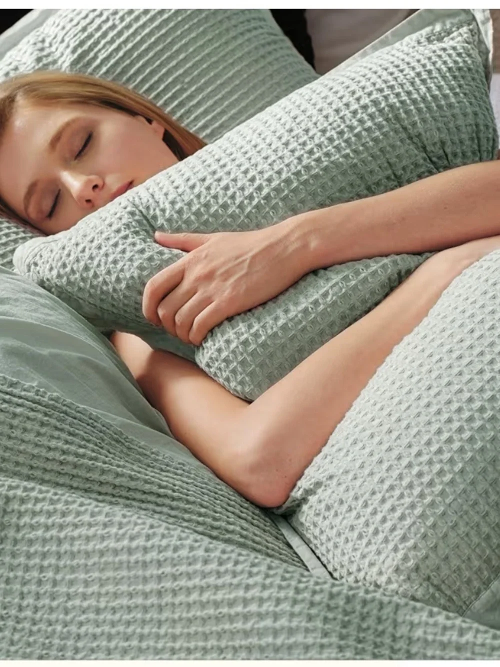 King Size Light Sage Green Waffle Quilt Duvet Cover - Home Bedding